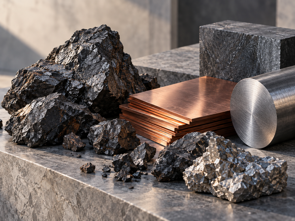 Illustrative arrangement of mineral specimens and copper metal